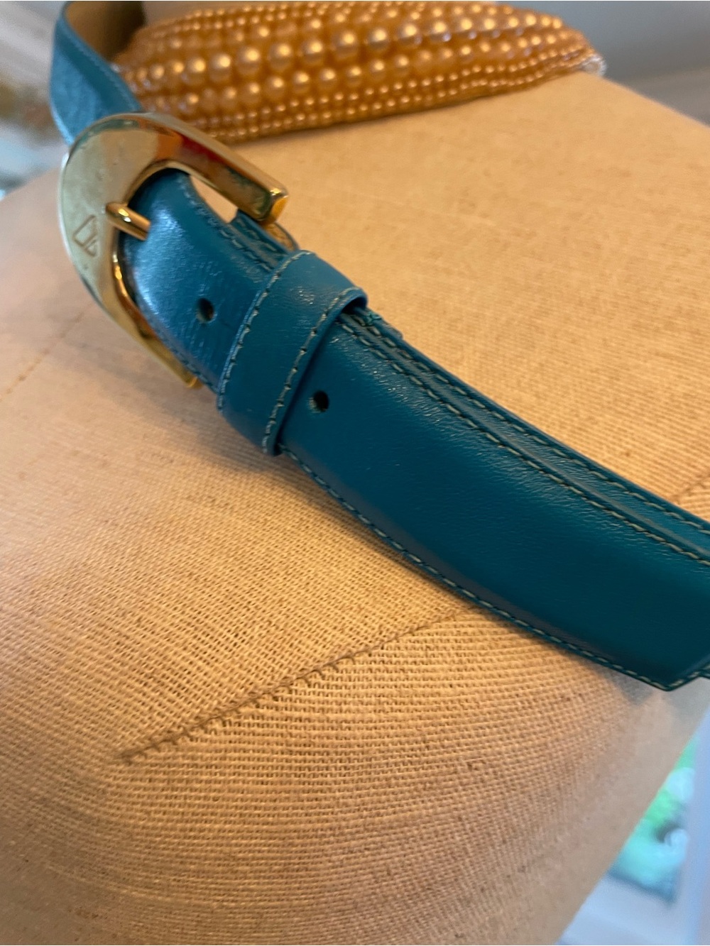 Liz Claiborne Teal Leather Belt with Gold Buckle - Picture 4 of 11